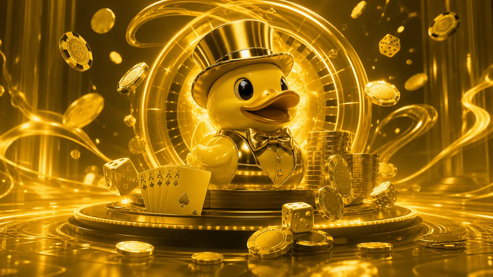 Luxurious casino-themed hero banner for Duckysino with floating poker chips and glowing elements.
